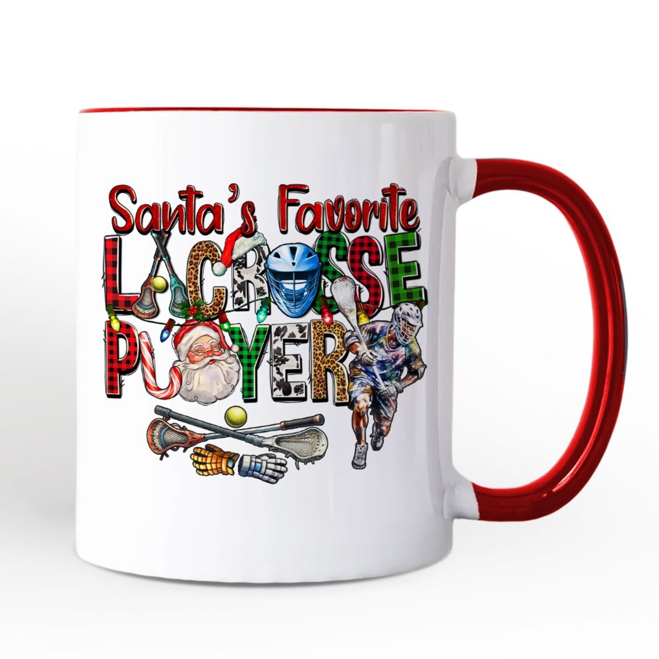 Santa’s Favorite Lacrosse Player Mug, Plaid Christmas Athlete Gift